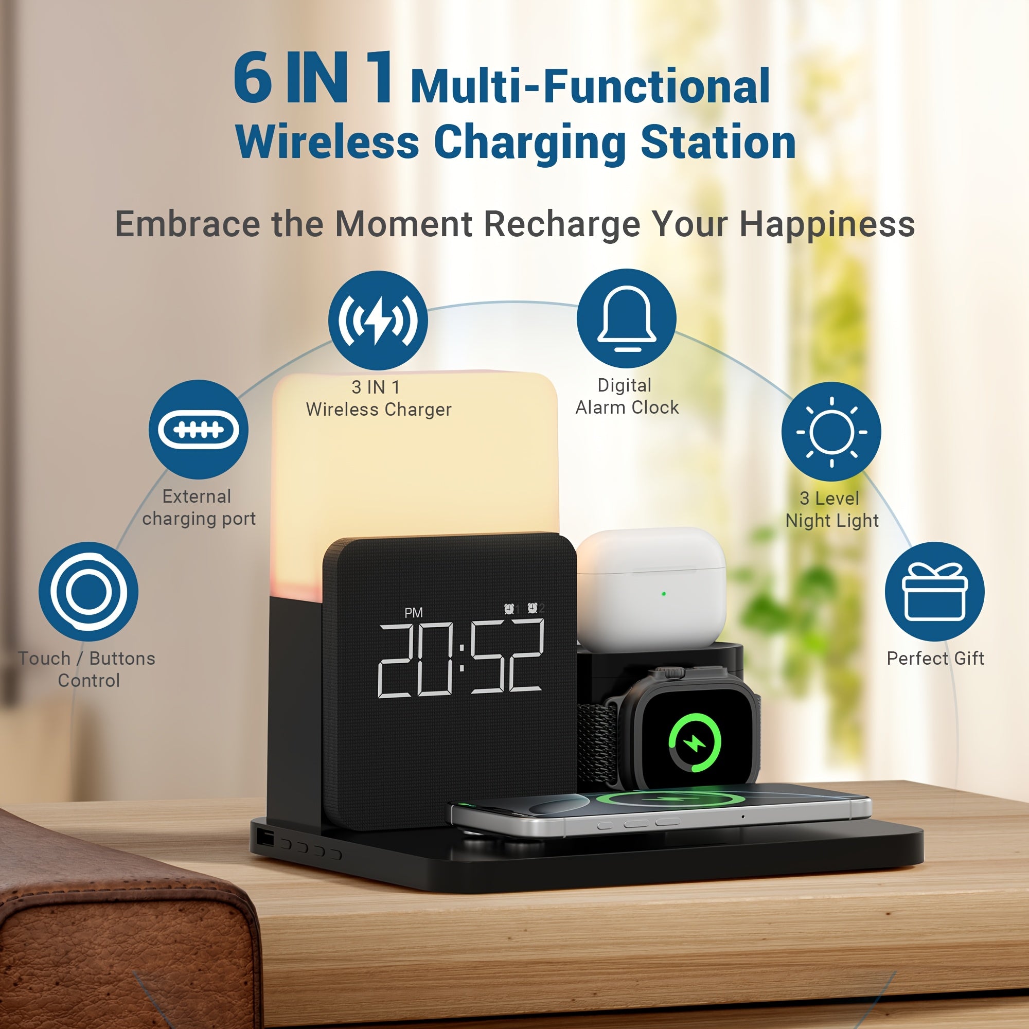 3-In-1 Wireless Charging Alarm Clock for Iphone 15 Wireless Charging Dock for Iphone 12-16 Samsung Bedroom 3 in 1 Charger Alarm Clock Portable Wireless Charging Station with Alarm Clock