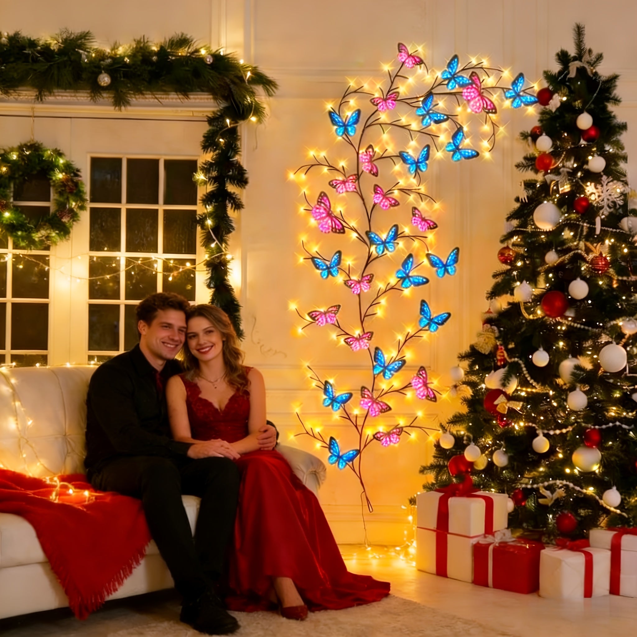 AMill 96-Light USB-Powered Cherry Blossom LED Fairy Lights - 5.9ft Faux Floral Garland with Dimmable Brightness, Warm & Cool Night Light, Plug & Play for Indoor Home Decor, Christmas, Bedroom, Kitchen, Party Decoration (No Batteries/Battery-Free