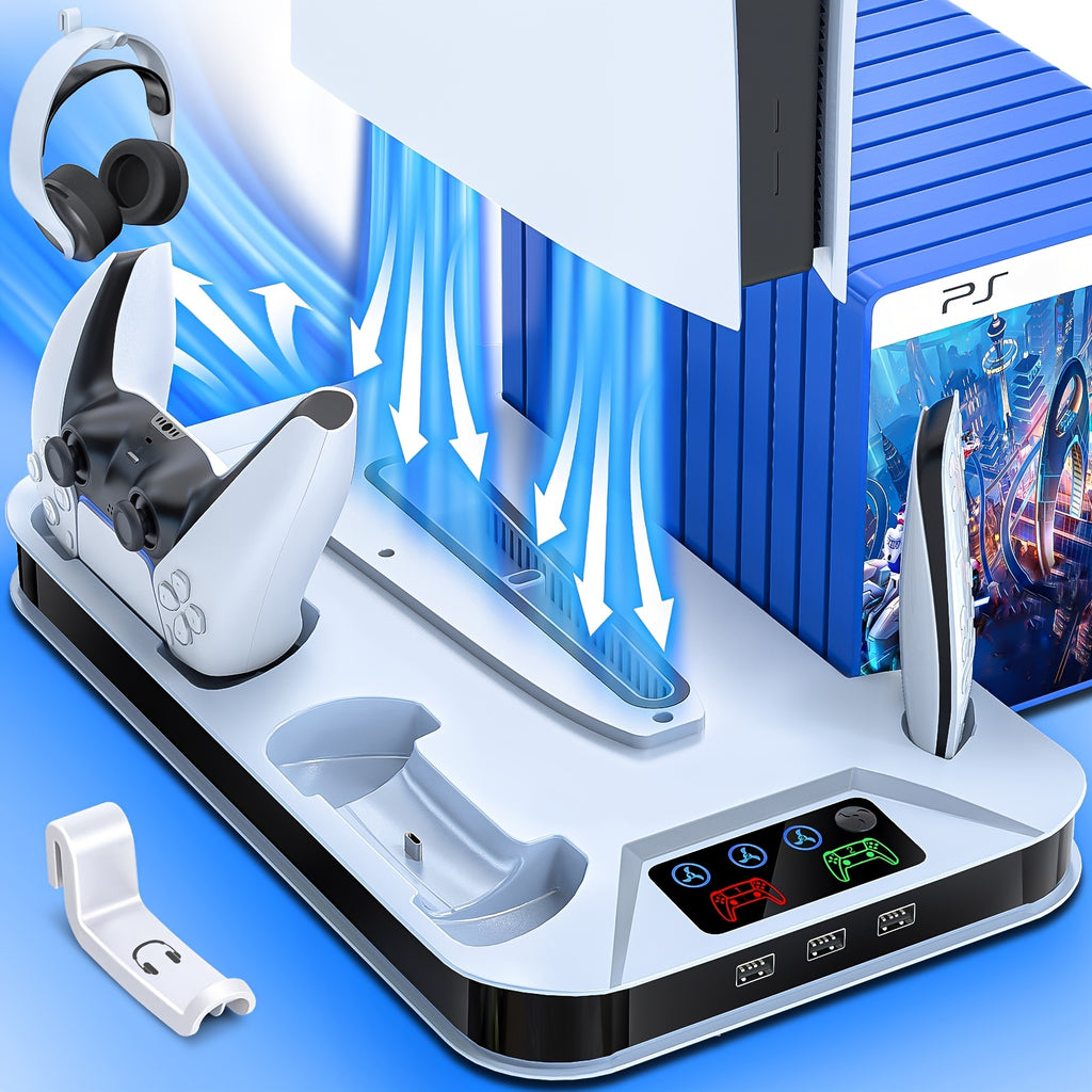 Cooling Stand with Auto Turbofan & 3-Level Speeds for PS5/ for Ps5 Slim/ for Ps5 Pro, Cooling Fan Station with Controller Charger, Charging Station for All Playstation 5 Console, Christmas Gift