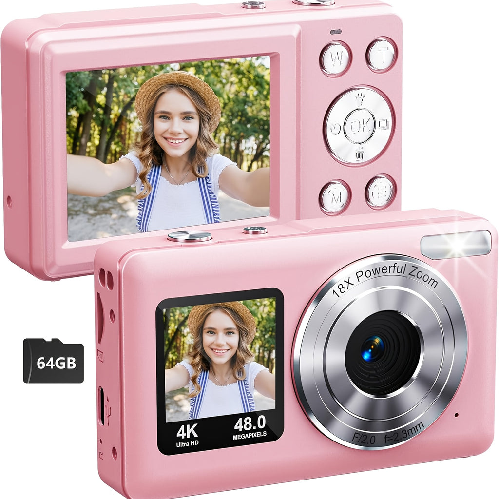 WESECUU 4K Dual Screens Digital Camera with 18X Zoom, Vlogging Camera for Photography with Anti-Shake, Portable Small Point And Shoot Digital Cameras with 64GB TF Card And 2 Rechargeable Batteries, Portable Selfie Camera for Friends And Family Gifts