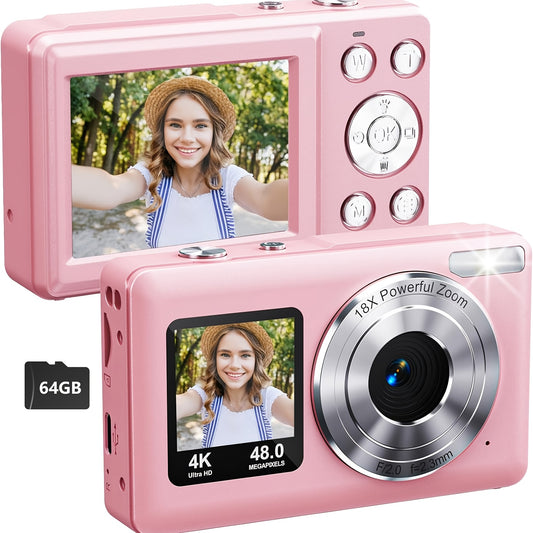 WESECUU 4K Dual Screens Digital Camera with 18X Zoom, Vlogging Camera for Photography with Anti-Shake, Portable Small Point And Shoot Digital Cameras with 64GB TF Card And 2 Rechargeable Batteries, Portable Selfie Camera for Friends And Family Gifts