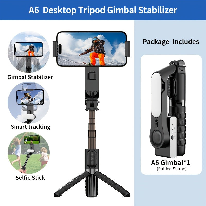 QAML A6 2025 Handheld Gimbal Stabilizer with Selfie Stick Tripod Stand, Wireless Remote, 1-Axis for Smartphone, 400mAh Rechargeable Lithium Polymer Battery, USB Charging, ABS Material, Compatible with iPhone & Android Devices