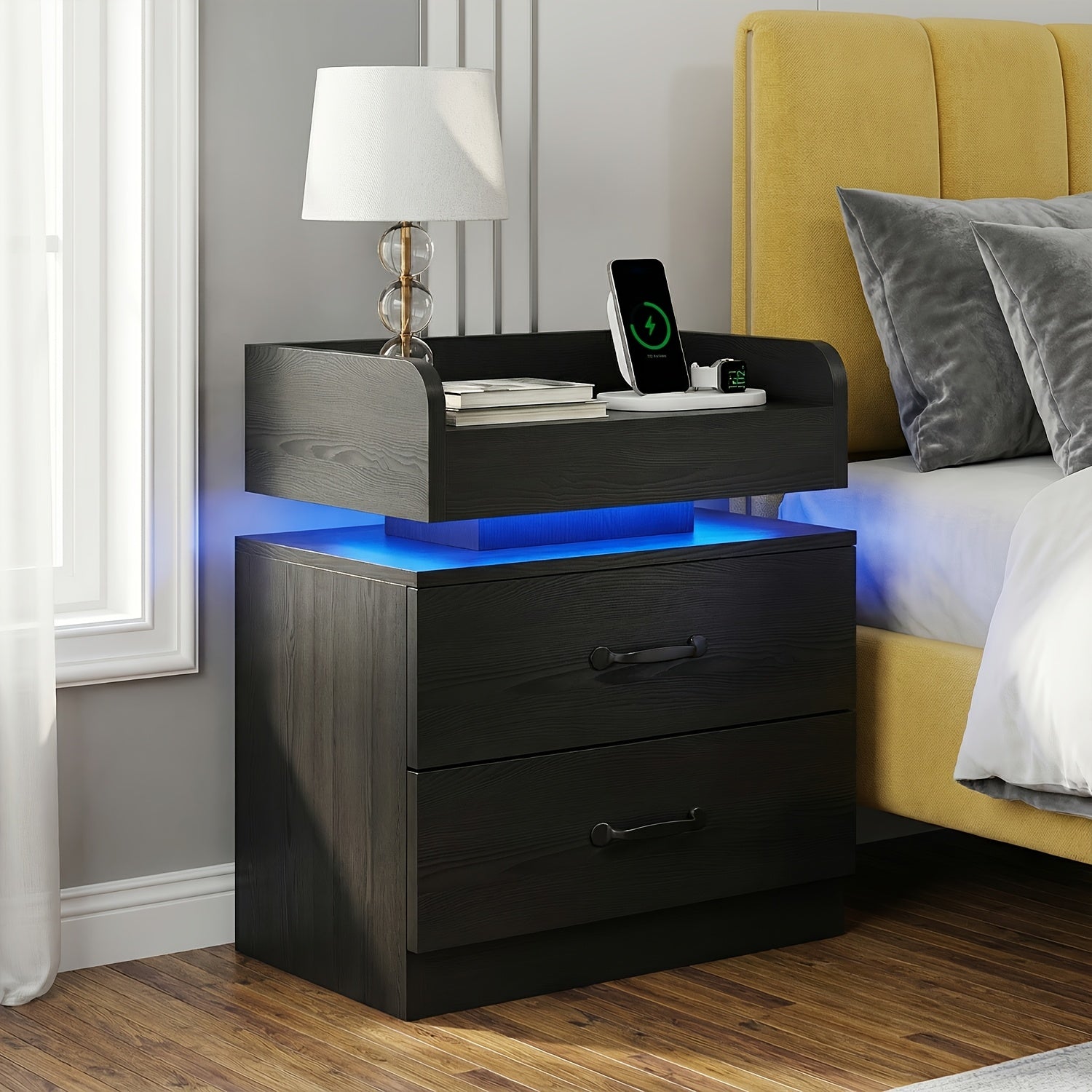1pc/2pcs Nightstand with Charging Station, Night Stand with LED Lights, Modern LED End Table Nightstand for Bedroom, Bedside Wooden Table Drawers, Bed Side Table with Storage for Living Room, Black/White