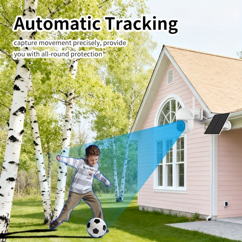 A Solar-Powered Security Camera Featuring AI Detection, Sound And Light Alerts, App-Controlled Pan/Tilt Functionality, Color Night Vision, Wi-Fi Connectivity, 3MP HD Resolution, Two-Way Audio, Encrypted Cloud Storage, Water Resistance