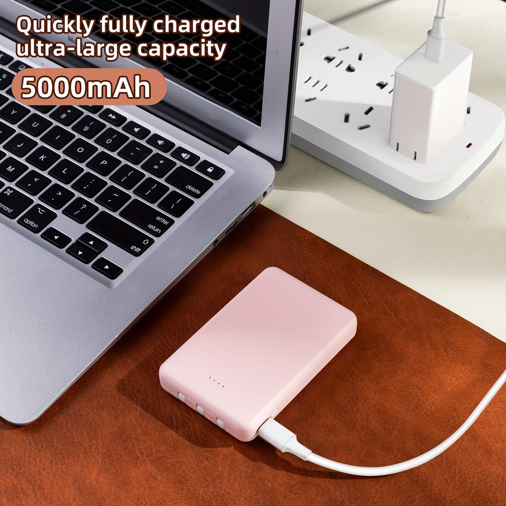 Portable Power Bank, Lightweight And Compact, 5000mAh/10000mAh, Mini Version with Built-in Cable, Can Charge 4 Devices Simultaneously with Type-C Input, LED Indicator Showing Remaining Capacity, Easy to Carry, Compact Charger with Built-in USB-C