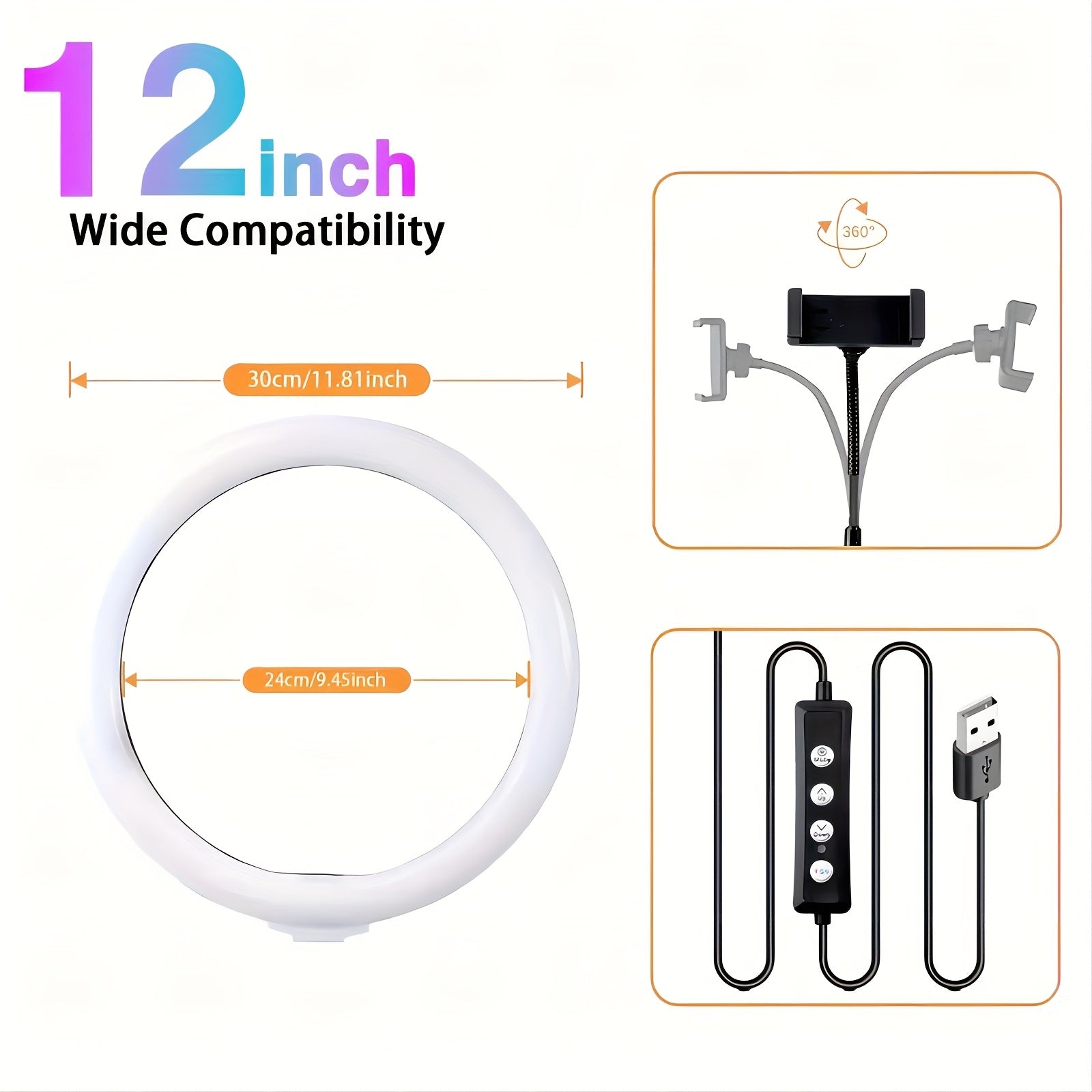 12''Selfie Ring Light, with Phone Holder&360° Rotating Pan Head, Desk Tripod, 17 RGB Lighting Modes, for iPhone &Android Camera.
