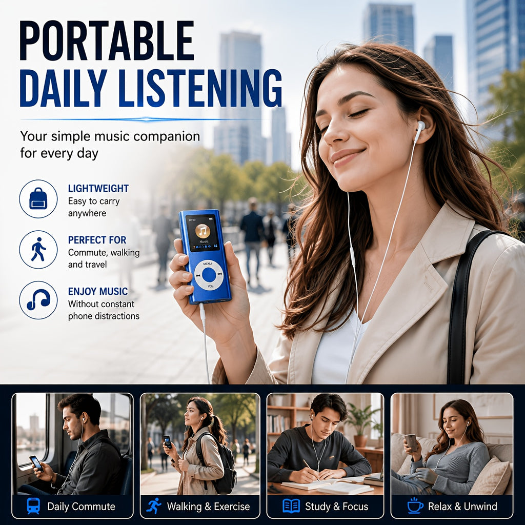 Portable MP3 Player, Stylish Slim 1.8 Inch LCD Music Audio Player with Earphone And Charging Cable, Aluminum Alloy Body, 200mAh Rechargeable Lithium Battery, Supports MP3 WMA FLAC APE, TF Micro SD Card Playback Up to 64GB Card Not Included