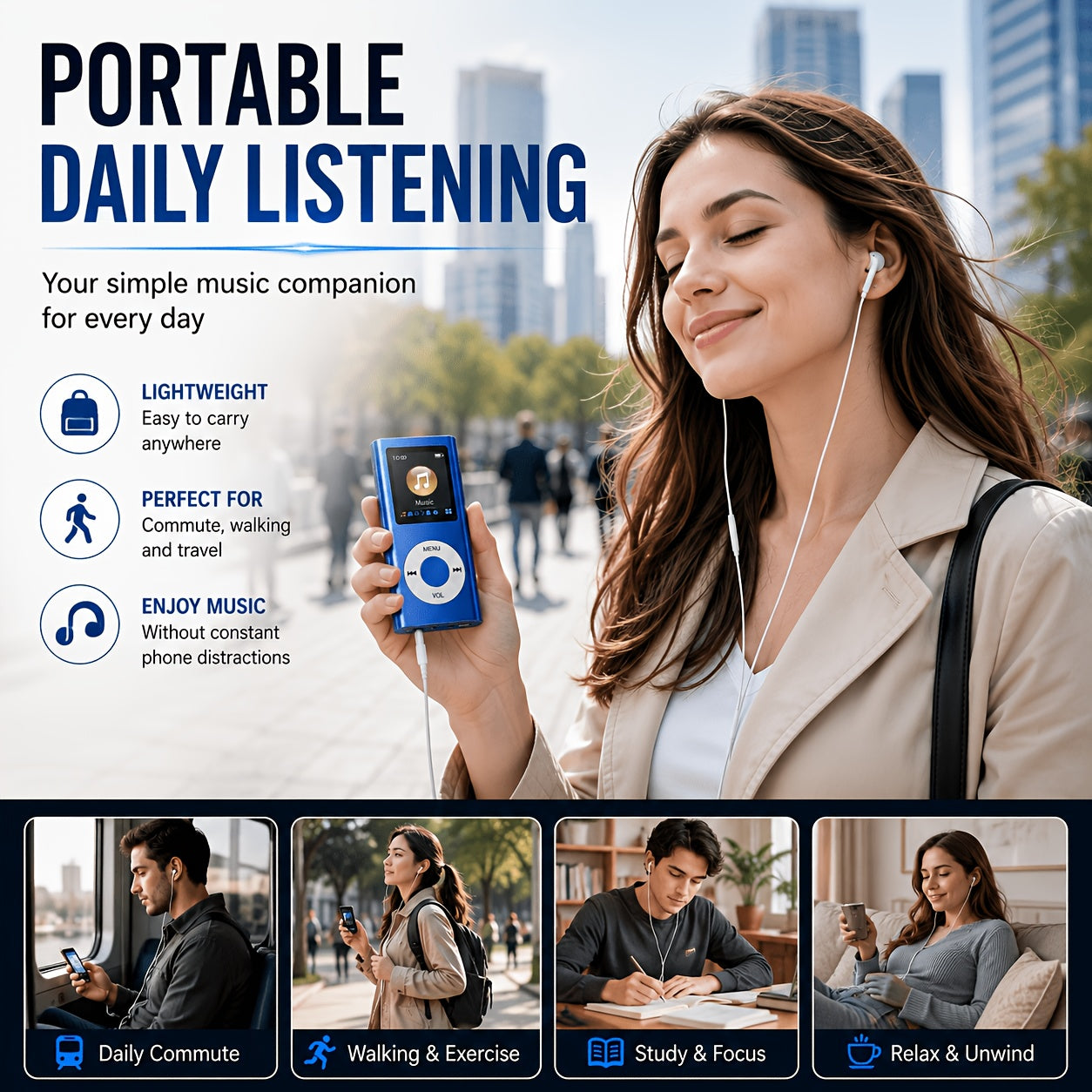 Portable MP3 Player, Stylish Slim 1.8 Inch LCD Music Audio Player with Earphone And Charging Cable, Aluminum Alloy Body, 200mAh Rechargeable Lithium Battery, Supports MP3 WMA FLAC APE, TF Micro SD Card Playback Up to 64GB Card Not Included