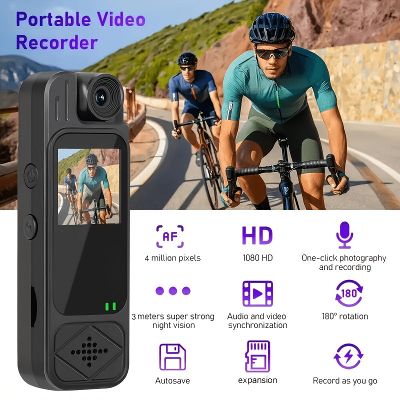 1pc Full 1080P HD Mini Camera with 180° Rotating Lens, Night Vision, 5-Hour Battery Life, Loop Recording, Infrared Lights, Ideal for Outdoor Sports & Travel, Night Vision Capture | Sleek Black Camera | Multifunctional Camera
