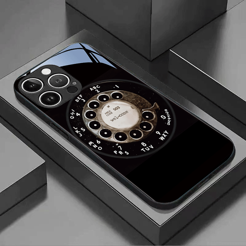 Phone Case: Vintage Rotary Dial Pattern Tempered Glass Phone Case for iPhone 16/16 Plus/16 Pro/16 Pro Max/15/15 Plus/15 Pro/15 Pro Max/14/14 Plus/14 Pro/14 Pro Max/13/13 Pro/13 Pro Max/13 Mini/12/12 Pro/12 Pro Max/12 Mini/17/17 Pro Max/X/XS/XR/XS