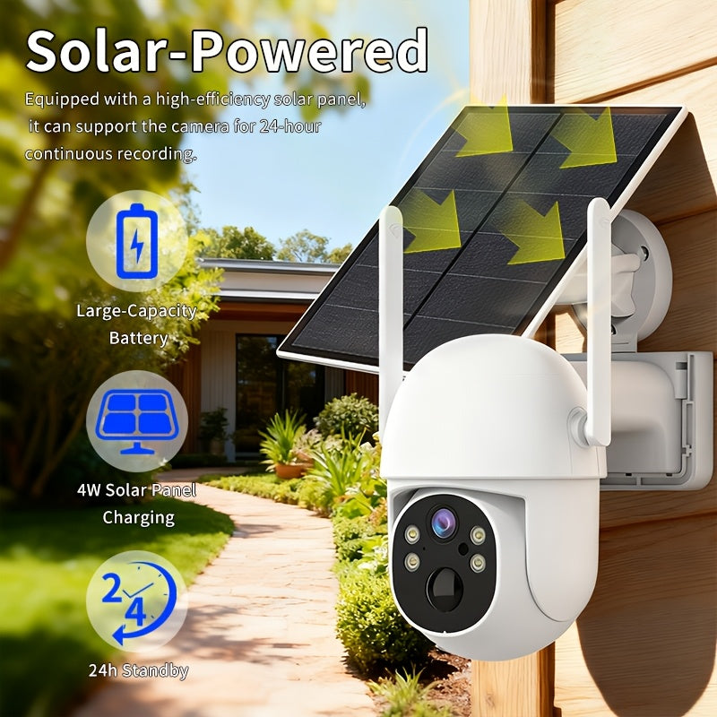 A Solar-Powered Security Camera Featuring AI Detection, Sound And Light Alerts, App-Controlled Pan/Tilt Functionality, Color Night Vision, Wi-Fi Connectivity, 3MP HD Resolution, Two-Way Audio, Encrypted Cloud Storage, Water Resistance