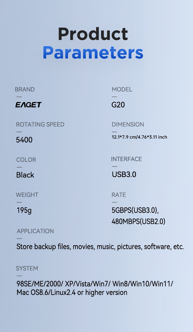 EAGET Mobile Hard Drive for PC, Mac, PS4, Xbox One - High Speed Transfer, Videos & Music Backup, NTFS File System, USB Connectivity, Compatible with Laptop