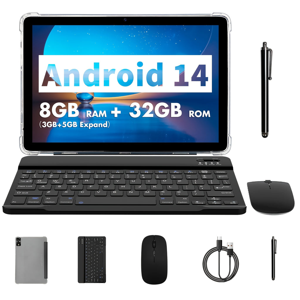 PRITOM Android 14 Tablet 10.1 Inches, 2-In-1 Tablet PC with Keyboard, Mouse, Protective Case, Stylus, 8GB (3GB + 5GB Expansion) RAM, 32GB ROM, Support 1TB Expansion, Dual Camera, Octa-Core Processor CPUA523, Without Wireless Function