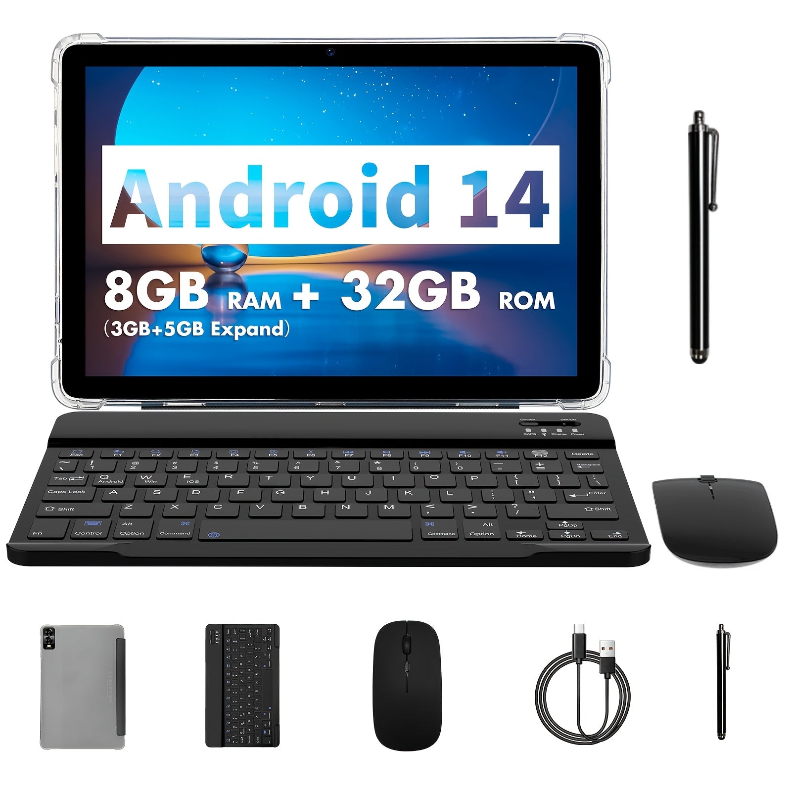 PRITOM Android 14 Tablet 10.1 Inches, 2-In-1 Tablet PC with Keyboard, Mouse, Protective Case, Stylus, 8GB (3GB + 5GB Expansion) RAM, 32GB ROM, Support 1TB Expansion, Dual Camera, Octa-Core Processor CPUA523, Without Wireless Function