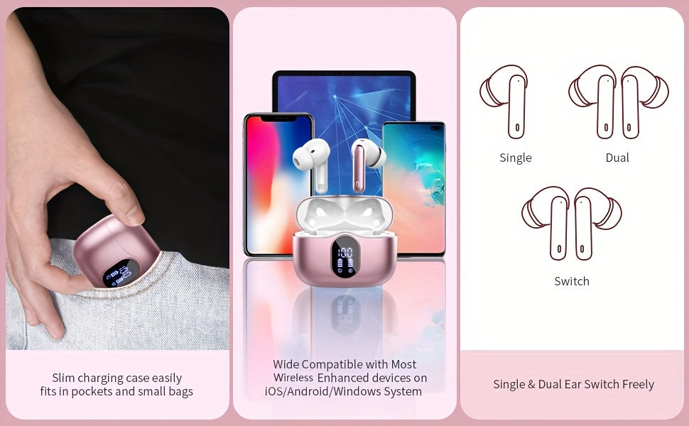 Wireless Earphones, Wireless 5.3 Earphones with Bass Stereo Sound, Earphones with Noise Cancelling Microphone And LED Display Screen, In Ear Earphones, 40 Hours Of Playback Time, Suitable for Laptops, Tablets, Mobile Phones, And Sports Exercise
