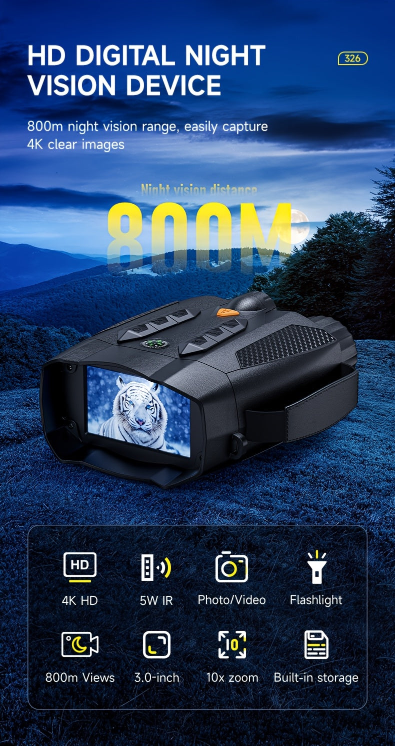 Outdoor Night Vision Goggles with Built-in 3W Illuminator- 200MP HD, 10X Digital Zoom, 5W IR Light, 6H Battery-Ideal for Hunting, Survival & Nighttime Adventures, Night Goggles for Hunting, Outdoor Adventure Equipment, Nighttime Observation, Handsfree Vie