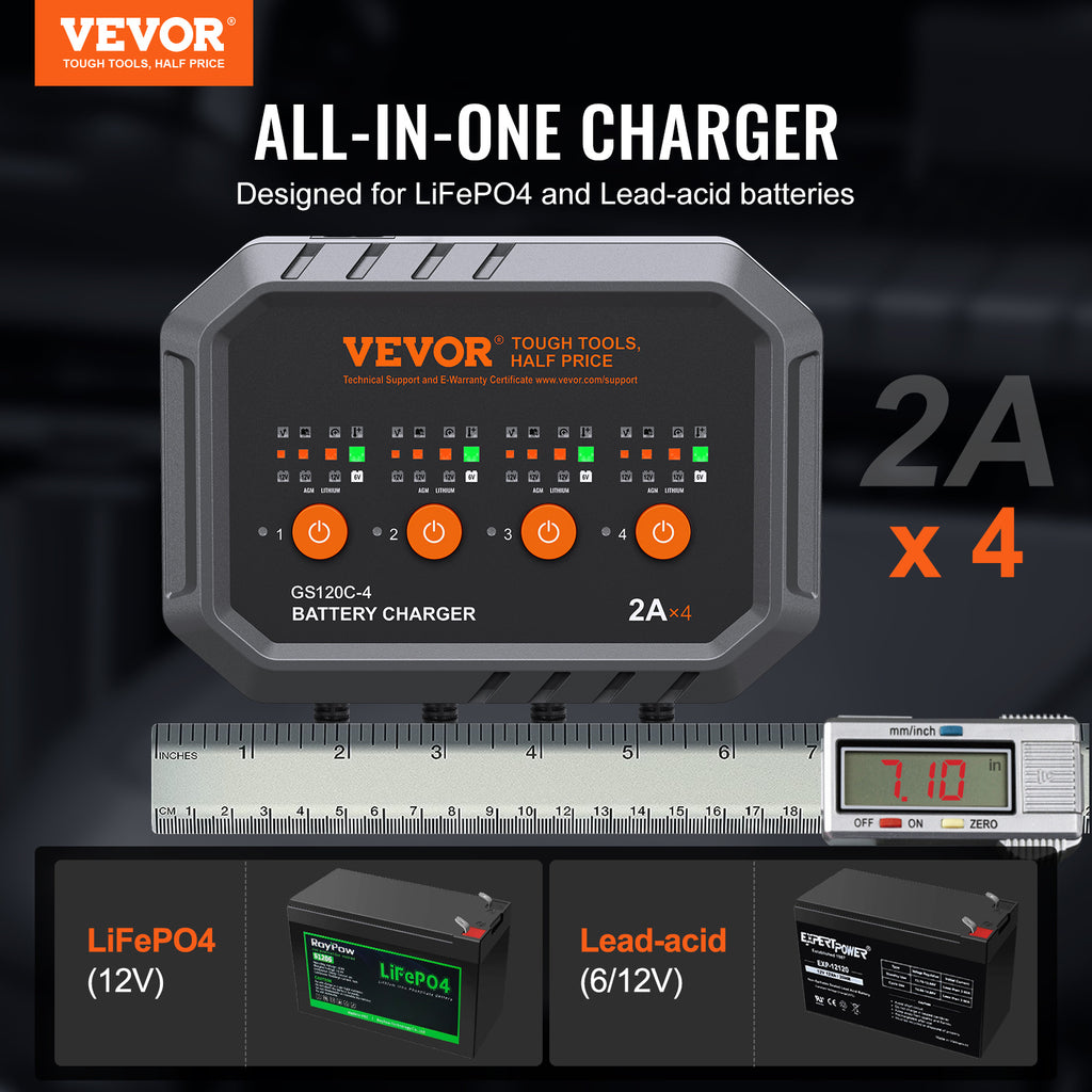 VEVOR Intelligent Charging Unit, 8A, Compatible with LiFePO4 & Lead-Acid (AGM/Gel/SLA) Batteries, Auto Charger & Maintainer for Boats, Motorcycles, Lawn Mowers, Golf Carts, and Marine Applications