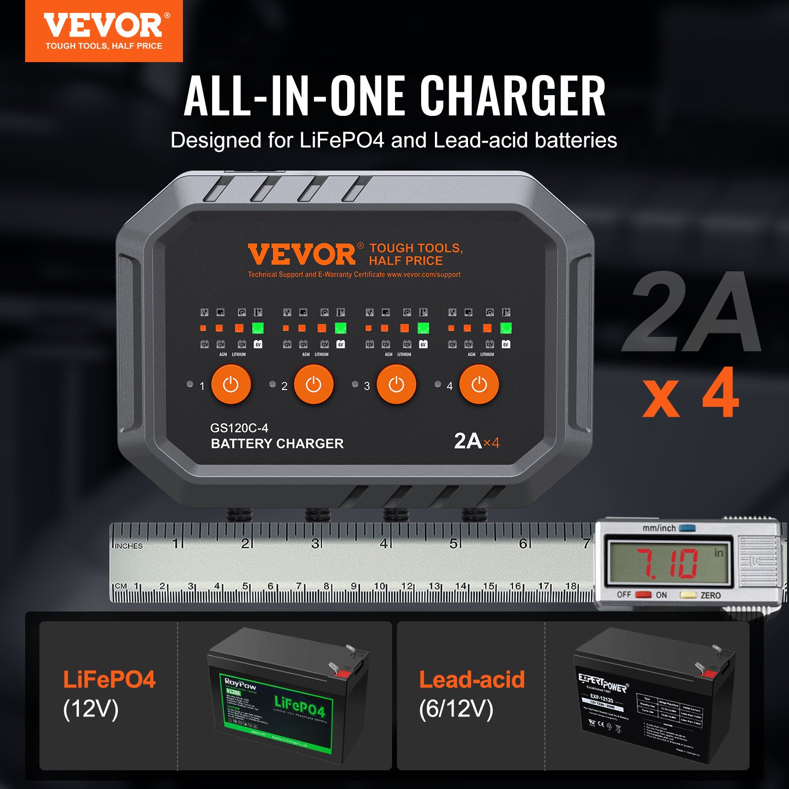 VEVOR Intelligent Charging Unit, 8A, Compatible with LiFePO4 & Lead-Acid (AGM/Gel/SLA) Batteries, Auto Charger & Maintainer for Boats, Motorcycles, Lawn Mowers, Golf Carts, and Marine Applications