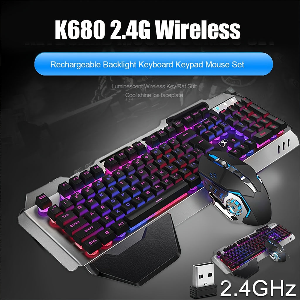 Wireless Gaming Keyboard And Mouse Combo Featuring a Rainbow Backlight, Rechargeable Metal Panel, And Mechanical Feel, Designed for Gamers Using Laptops Or Pcs