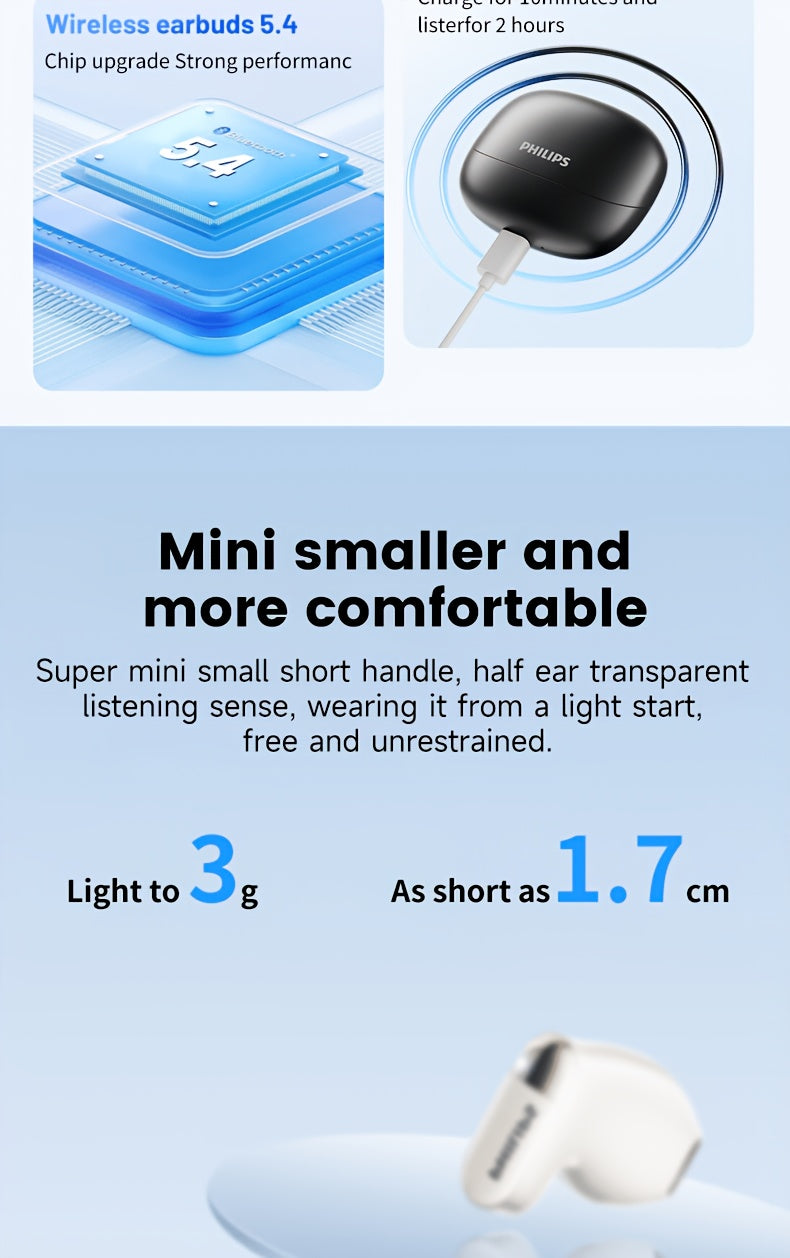 Philips True Wireless Earbuds with LED Power Display - Stereo In-Ear Headphones, Microphone for Calls, Large Capacity Charging Case, Extended Design for All Smartphones, TAT2169