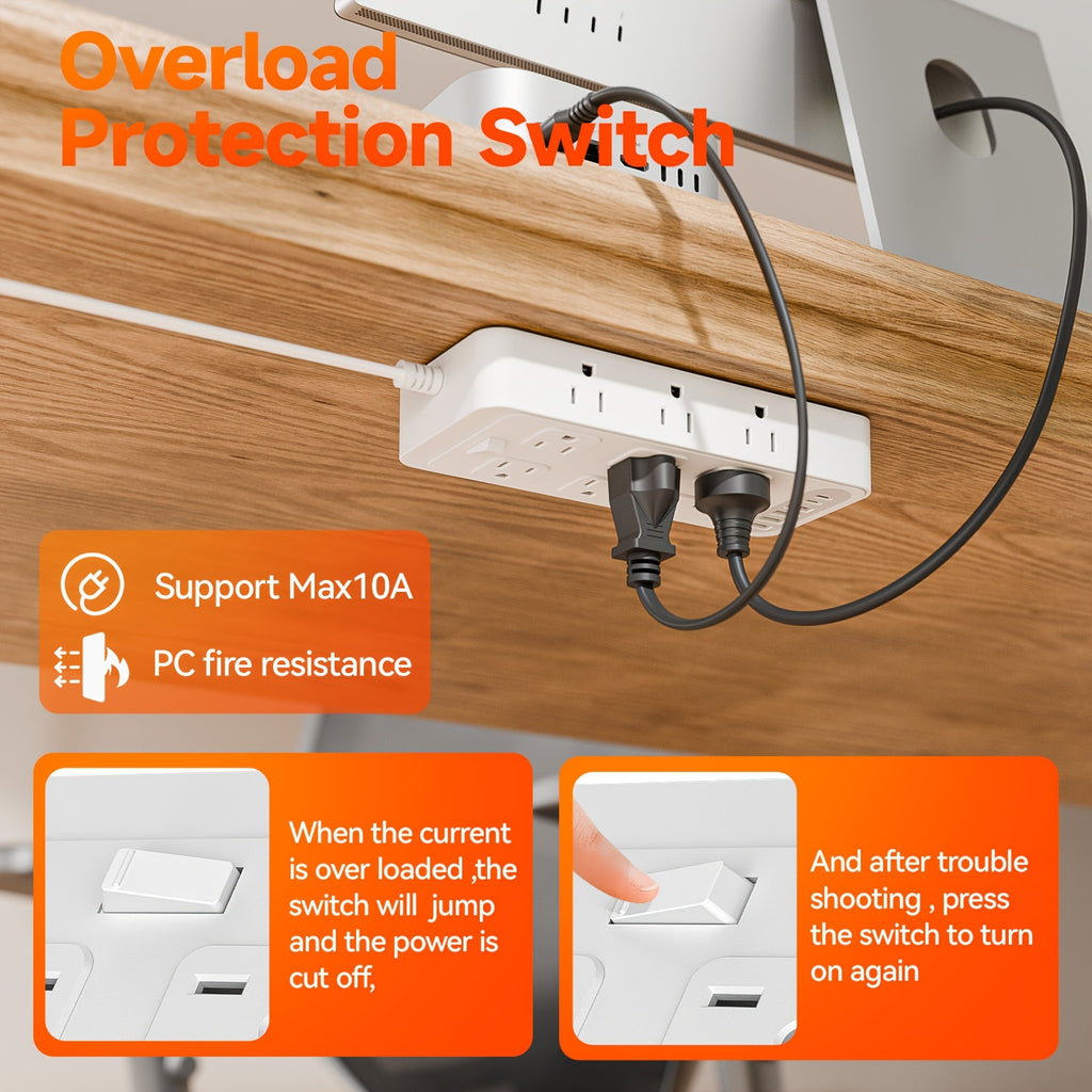 Compact Power Strip Surge Protector, 18in 1 Charging Station, with 12 AC Outlets and 6 USB Charging Ports (4 USB A & 2 USB C), Flat Plug, 5ft PVC Extension Cord, Fire-Resistant Suitable for Home, Office And Travel