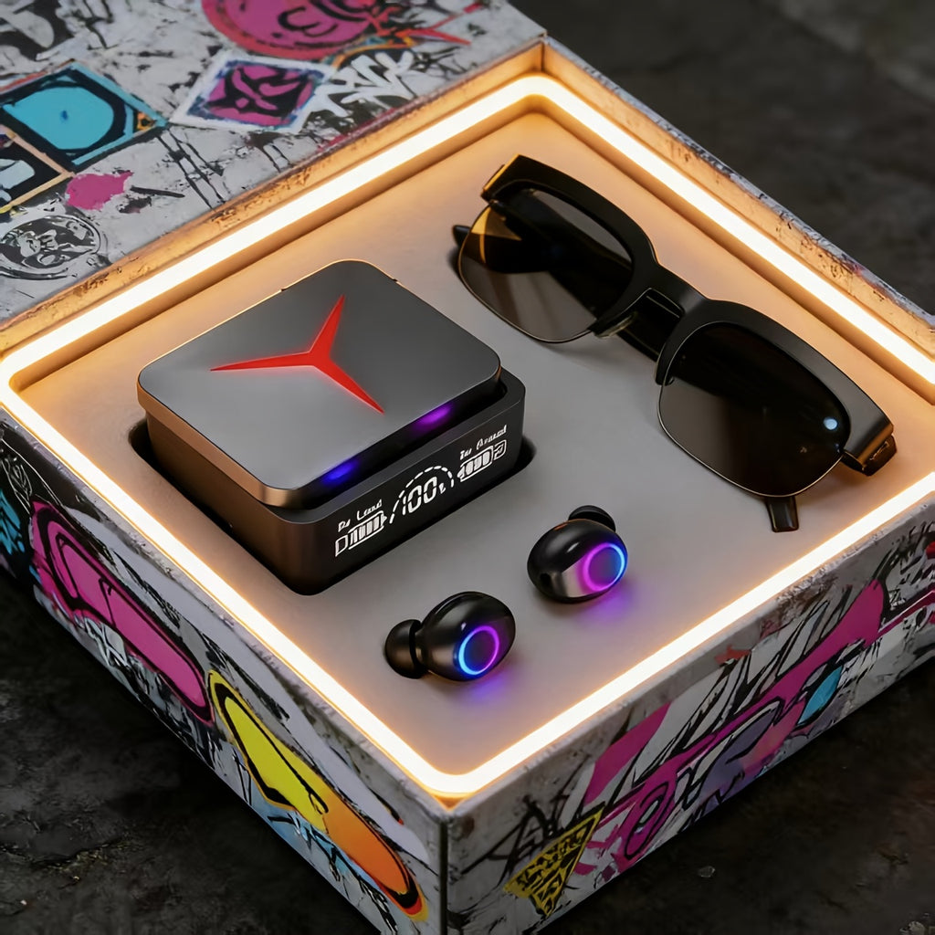 [Holiday Gifts] Smart Technology 2pcs Set! Ai Real-Time Translation Smart Glasses, Self-Contained Microphone Audio Glasses, Full-Touch High-End Smart Watches, Popular Hot Wireless Sports Headphones, Gaming Headphones, Suitable for Business Travel/Holiday