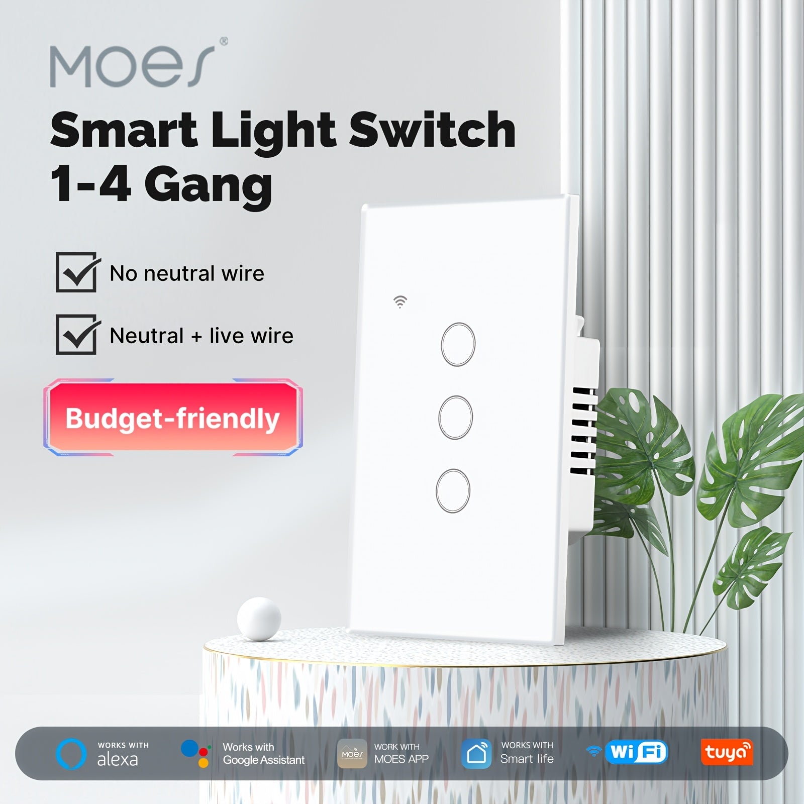 MOES Smart Switch Wifi White Touch Wall Switch No Neutral Wire Required Works with Alexa Google Home App Control Timer Function 110V Single Pole No Hub Easy Install