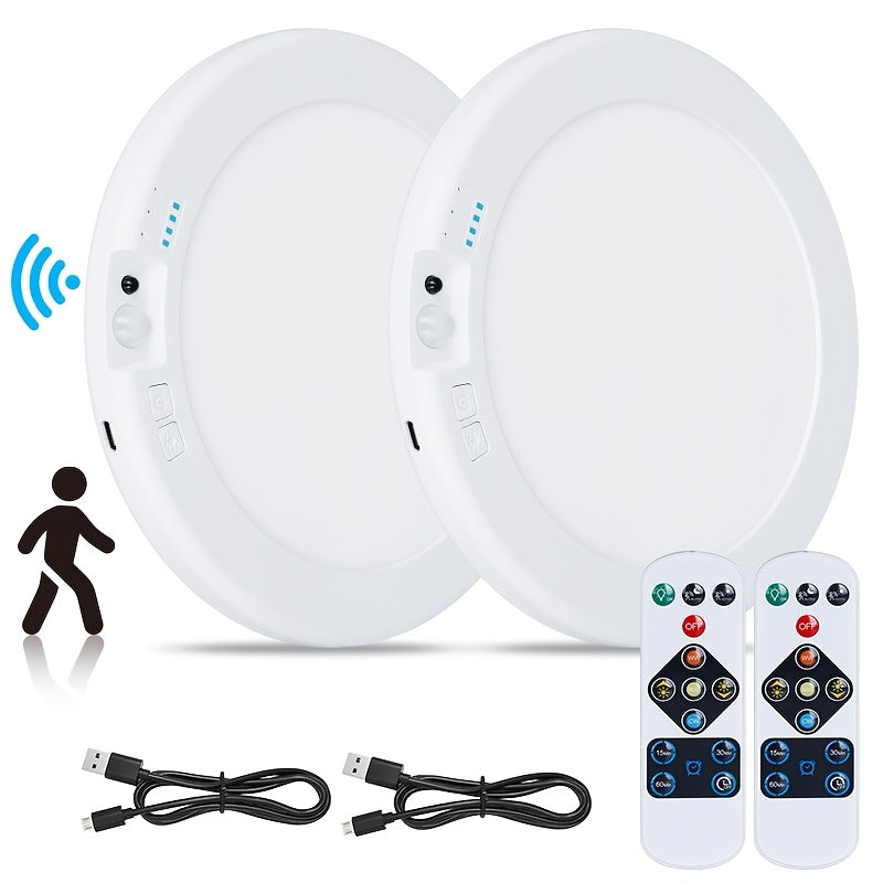 [LED Ceiling Light] 2pcs Rechargeable LED Induction Ceiling Light, 3-Speed Lighting Mode, Motion Sensor With Remote Control, Magnetic Design, Easy Installation, 5500mAh Large Capacity Battery, Suitable For Living Room, Kitchen, Bathroom, Corridor, Porch