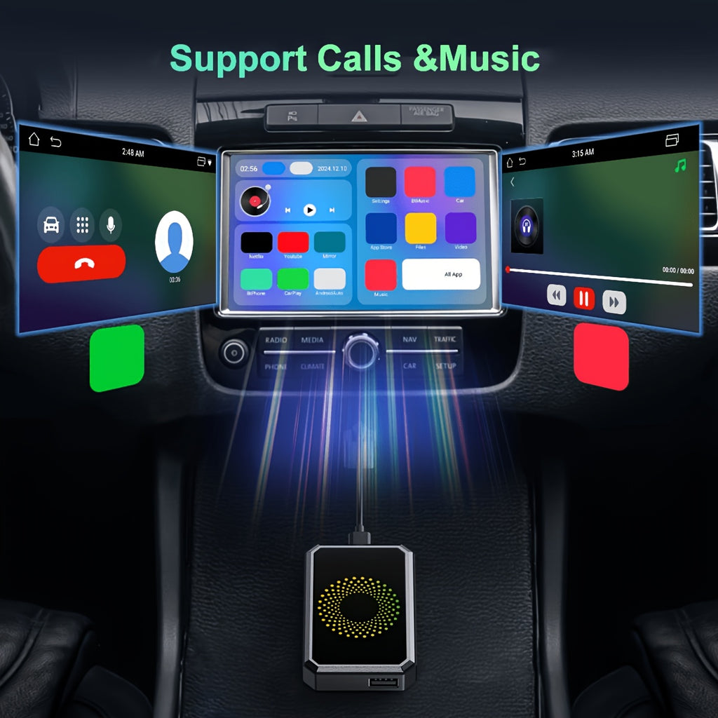 The 3-in-1 Magic Media Box Supports Netflix/YouTube/TikTok Streaming. Equipped With A Wireless CarPlay Adapter And USB Port, It Is Compatible With Factory-installed Wired Apple CarPlay And Android Auto Systems. Note: Wireless CarPlay Requires IOS 10