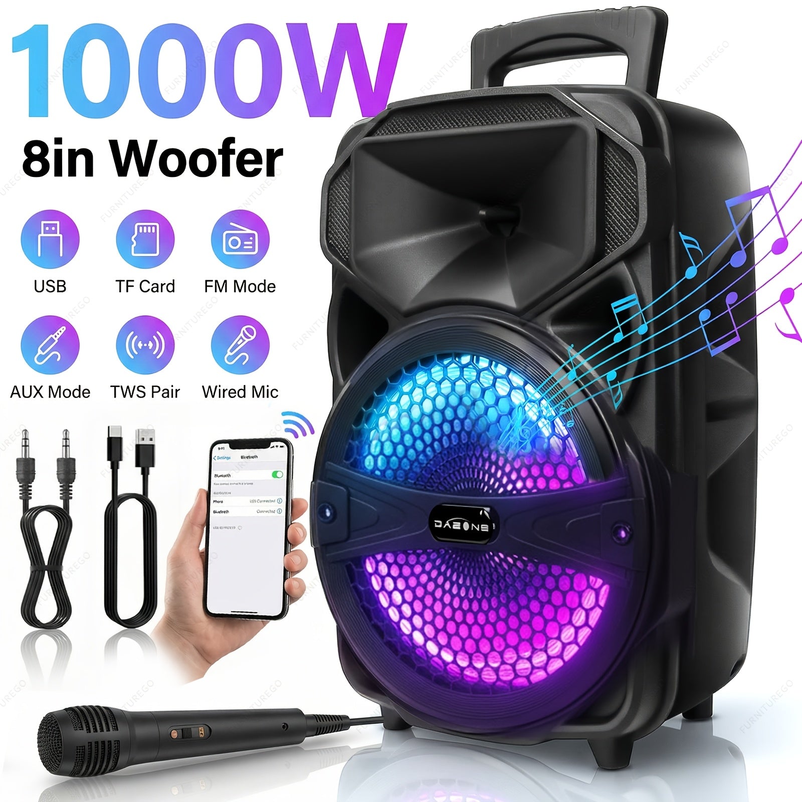 1000W Portable Wireless Party Speakers Loud Sound System with Subwoofer, Bass, 8-inch Speaker Karaoke Machine, FM Radio, EQ Mode, Strobe Lights with Wire Microphone, Remote Controls