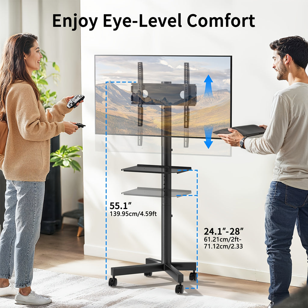Height Adjustable Rolling TV Cart with Lockable Wheels, Fits 23-60 Inch LCD LED OLED Flat And Curved Tvs, Mobile TV Stand for Home And Office, Black