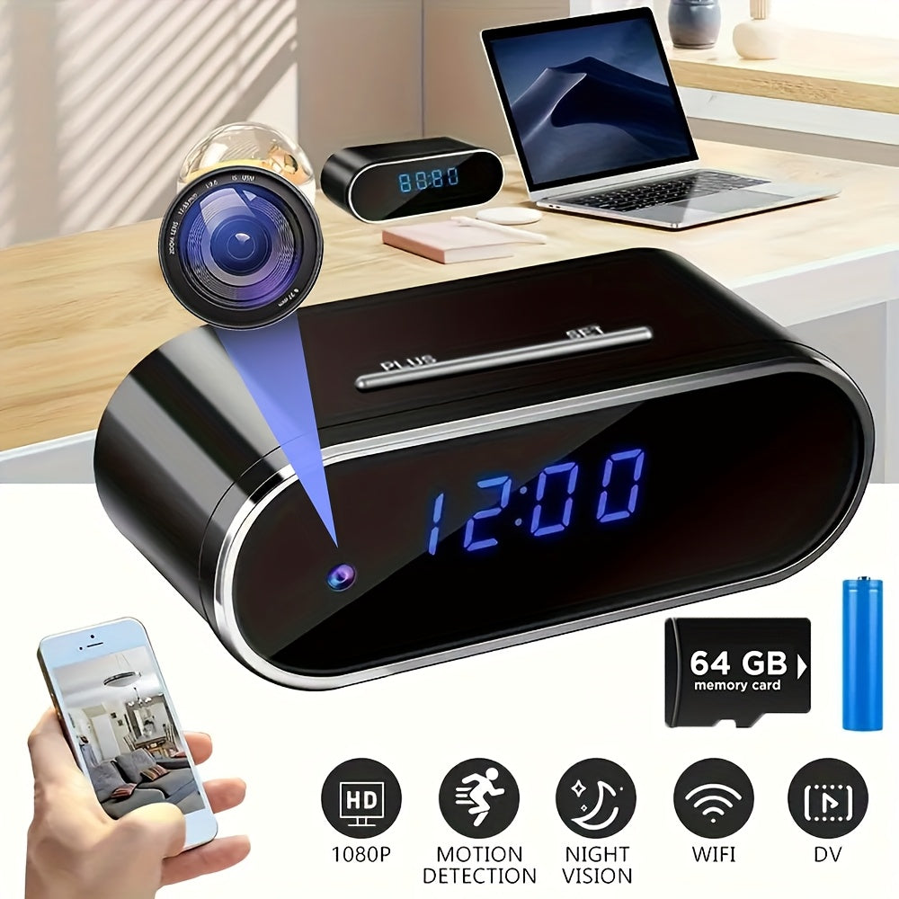 [1080P WiFi Camera] 1080P WiFi Camera Night Vision Wireless Clock Camera With 64G Memory Card, Night Vision, Motion Detection, Loop Recording, 2.4GHz WiFi Connection, Lithium Battery Powered, Remote Live View, Ideal For Home, Office, Warehouse Monitoring