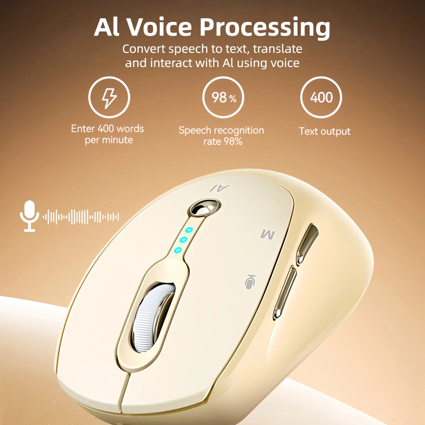 Next-Gen AI Voice Wireless Mouse, Includes Smart AI Office Assistant, One-Click Voice-to-Text Input, Multi-Language Real-Time Translation, AI Writing & PPT Creation, T-WOLF Silent Wireless + 2.4G Dual Mode, Rechargeable With Battery Display