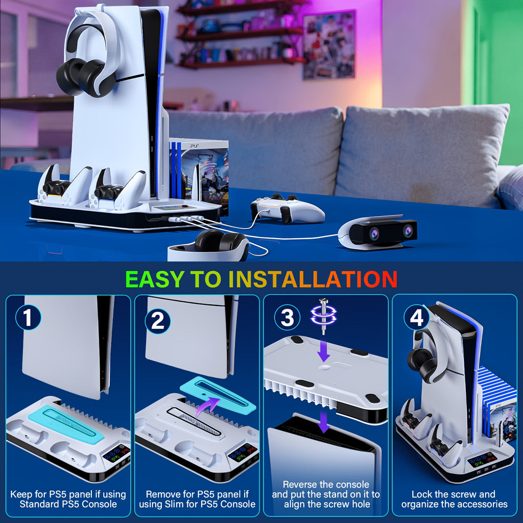 For Ps5/Slim/Pro Cooling Station with Controller Charging Station for Playstation 5 Slim&Standard Disc/Digital Console, for PS5 Slim Stand Cooler Additions Incl Cooling Fan/3 USB Hubs/Headset Holder/Screw
