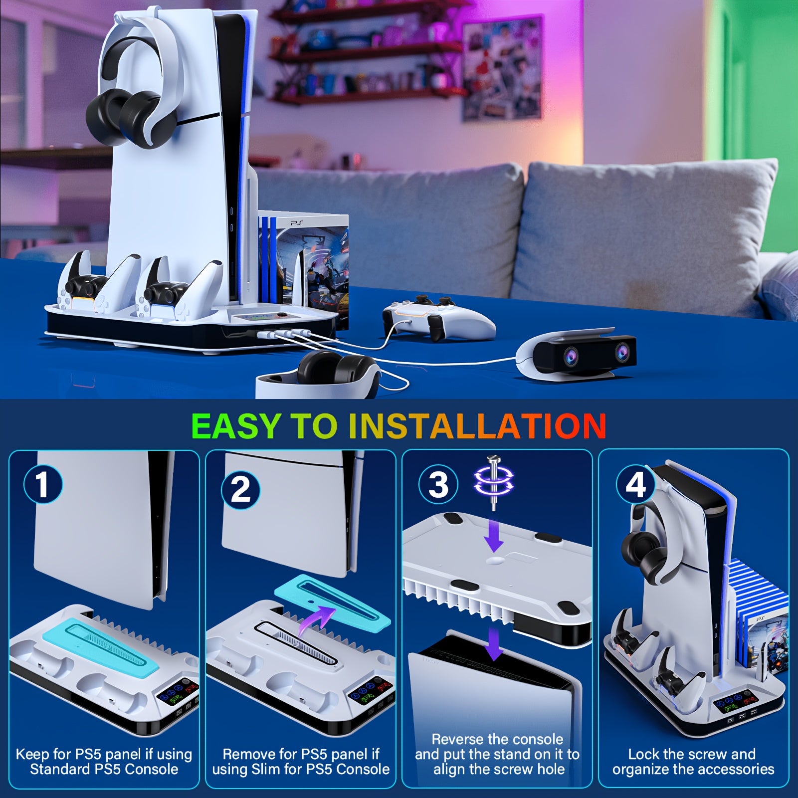 For Ps5/Slim/Pro Cooling Station with Controller Charging Station for Playstation 5 Slim&Standard Disc/Digital Console, for PS5 Slim Stand Cooler Additions Incl Cooling Fan/3 USB Hubs/Headset Holder/Screw