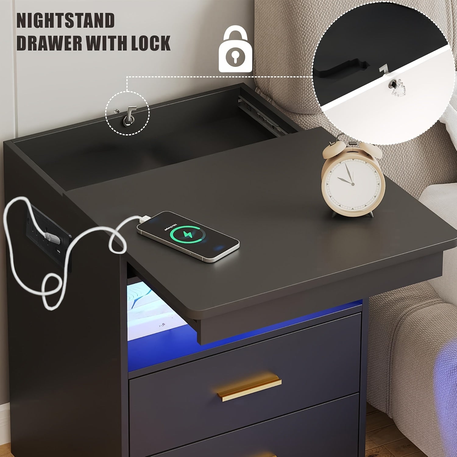 Modern Bedroom Nightstand with Hidden Drawer | 16-color Adjustable LED, Charging Station, And Open Storage, Black/white