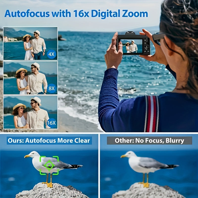 Digital Camera Photography with 2.4-inch LCD Screen, 16x Digital Zoom 1080P Mini Camera Vlog Camera with 9.88mm Wide-angle Lens Cool Stuff Travel Essentials Gift, Body Camera Compact Travel Camera, Vlogging Camera, Complimentary 32G Memory Card And