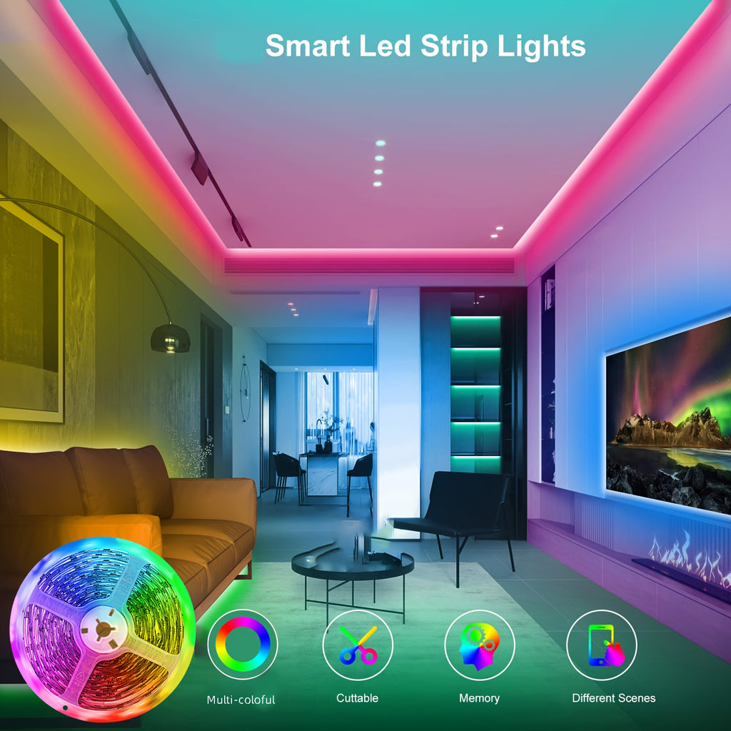 Smart RGB Strip Light, LED Bedroom Lighting, Remote Control, Stepless Dimming, Flashing, Jumping And DLY, for Indoor TV Backlight, Living Room, Stairs, Halloween, Christmas Party And Wedding Decor