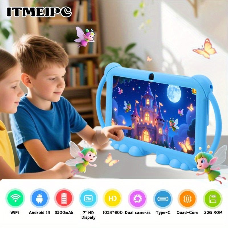 [Android 14 Tablet] ITMEIPC, 2025 New Models, 7 Inch Android Kids Tablet, Android14, 4GB(2GB+2GB) RAM 32GB ROM Dual Camera, Wi-Fi, Large Screen Learning Entertainment Tablet Parental Control Pre-installed Apps, HD Screen Protective Case High-Performance S