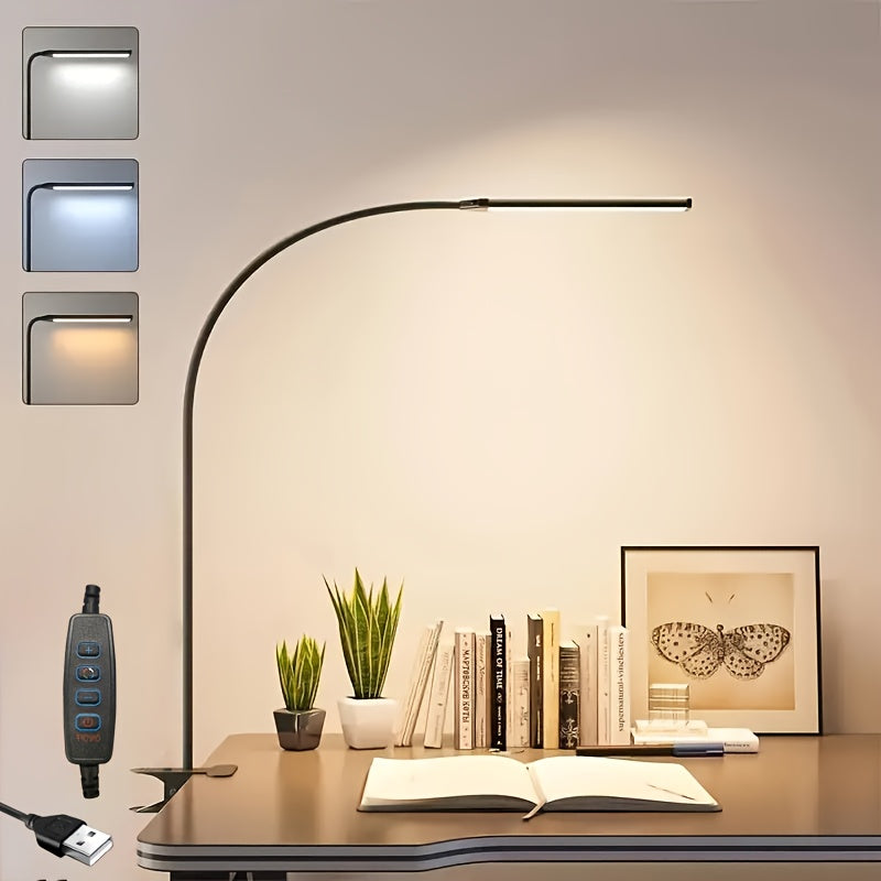 A Clip-On LED Desk Lamp Suitable for Home Office Use, Offering Three Lighting Modes And Ten Brightness Settings, with a Long Flexible Gooseneck And Swing Arm for Focused Lighting, Powered by USB, in Black Color