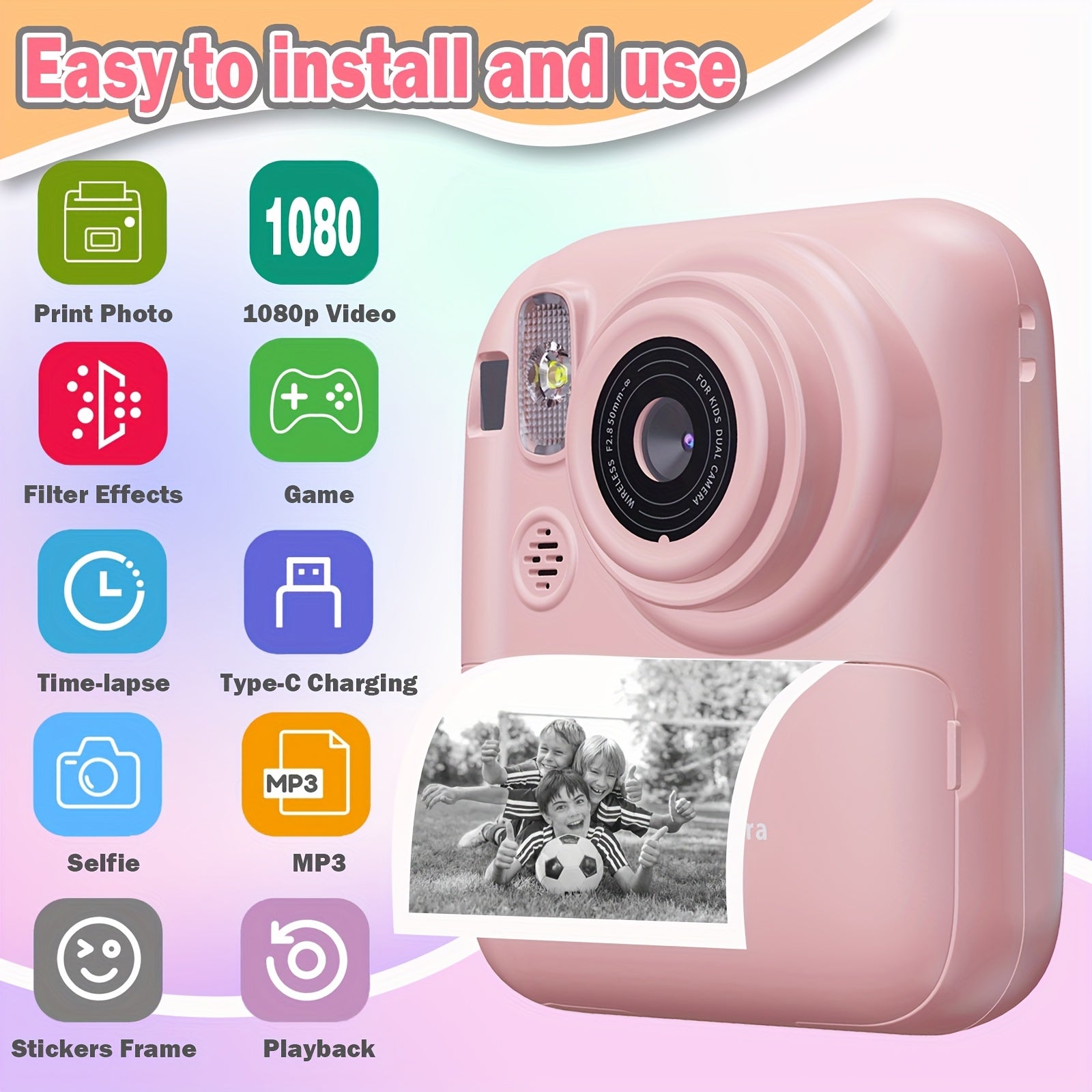 Camera Paper/New Instant Print Digital Camera, 1080P 2.4 Inch Screen Super Cute Instant Camera with 3 Rolls Print Paper And 32GB Card, Digital Camera Kids Gift for Kids 3-12 Years, Perfect Holiday Gift for Girls/Boys, Birthday Gift