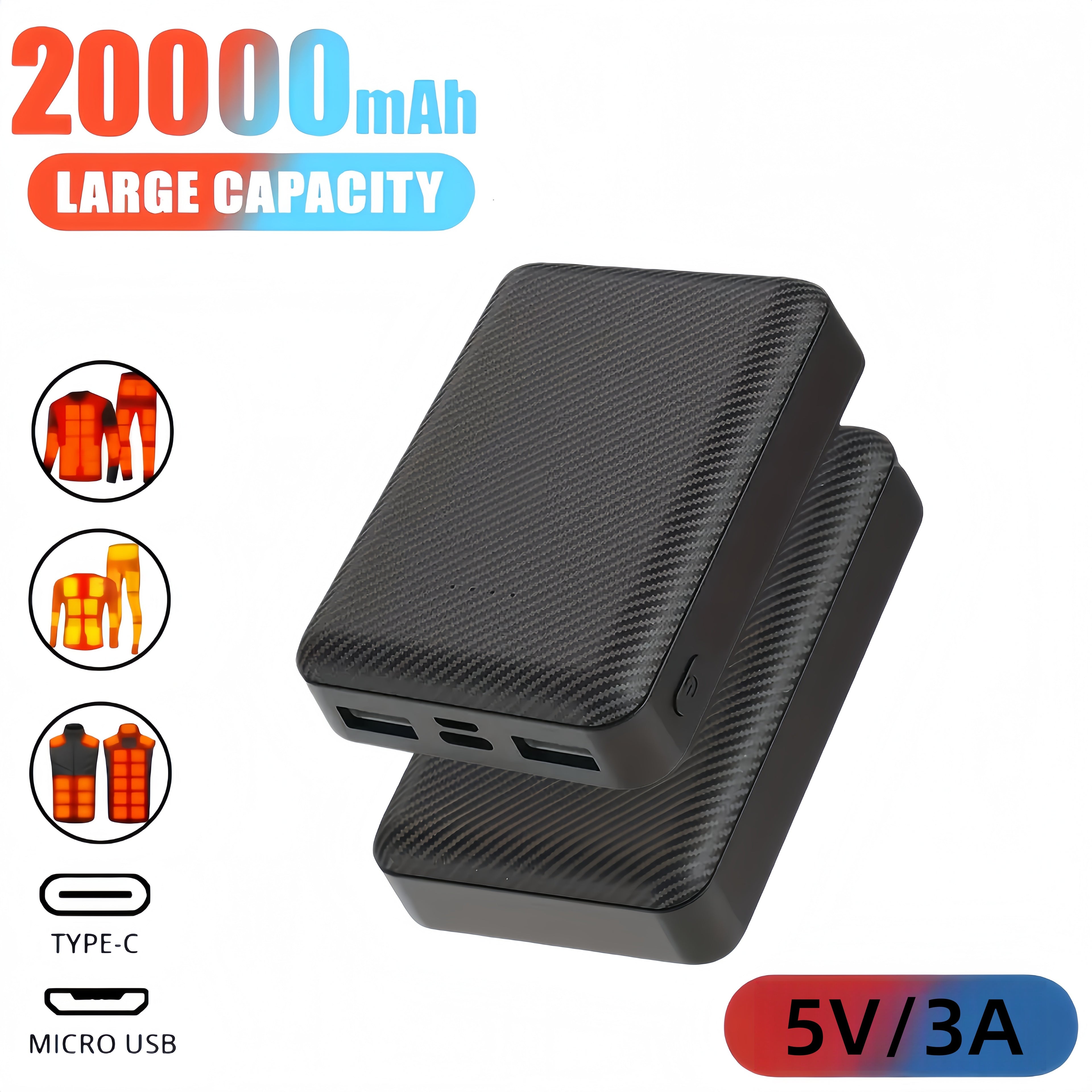 [Portable Fast Charging] 20000Mah Power Bank Portable Charger 5V 3A Fast Charging Battery For Heating Vest Jacket Scarf Socks Gloves