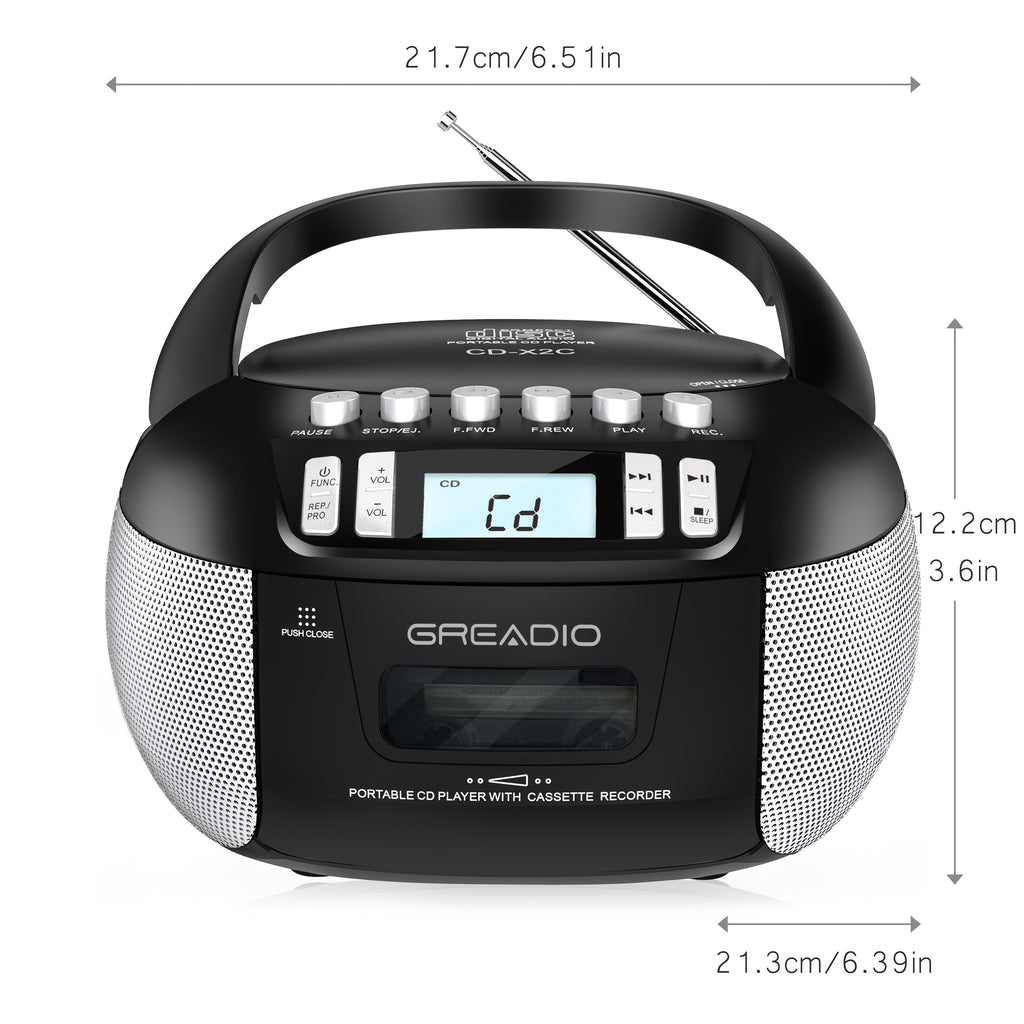 Greadio CD And Cassette Player Combo, Boombox CD Player Portable with AM/FM Radio, Tape Recording, Stereo Sound, AC/DC Powered, Aux/Headphone Jack, Sleep Timer for Home, Senior