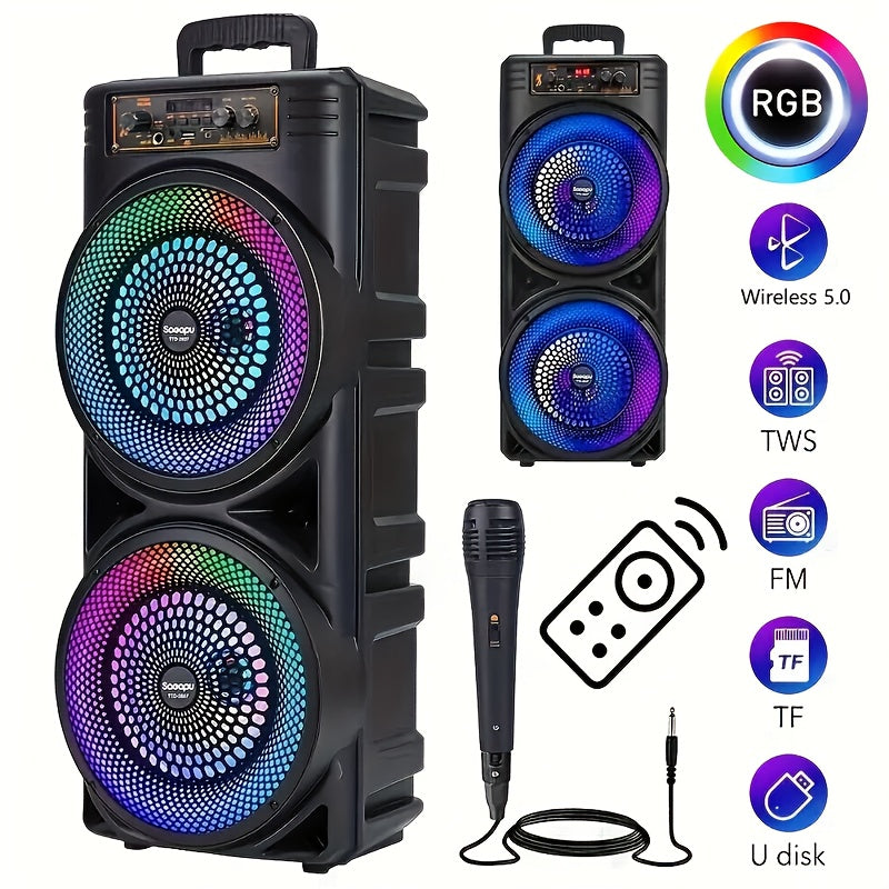 6000W Wireless Speaker with Dual 8.5" Subwoofers, RGB Party Lights, Wireless 5.0, Built-in Microphone, Volume Control, USB Rechargeable, TWS & FM Radio - Perfect for Outdoor Parties & Events