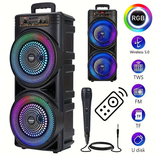 6000W Wireless Speaker with Dual 8.5" Subwoofers, RGB Party Lights, Wireless 5.0, Built-in Microphone, Volume Control, USB Rechargeable, TWS & FM Radio - Perfect for Outdoor Parties & Events