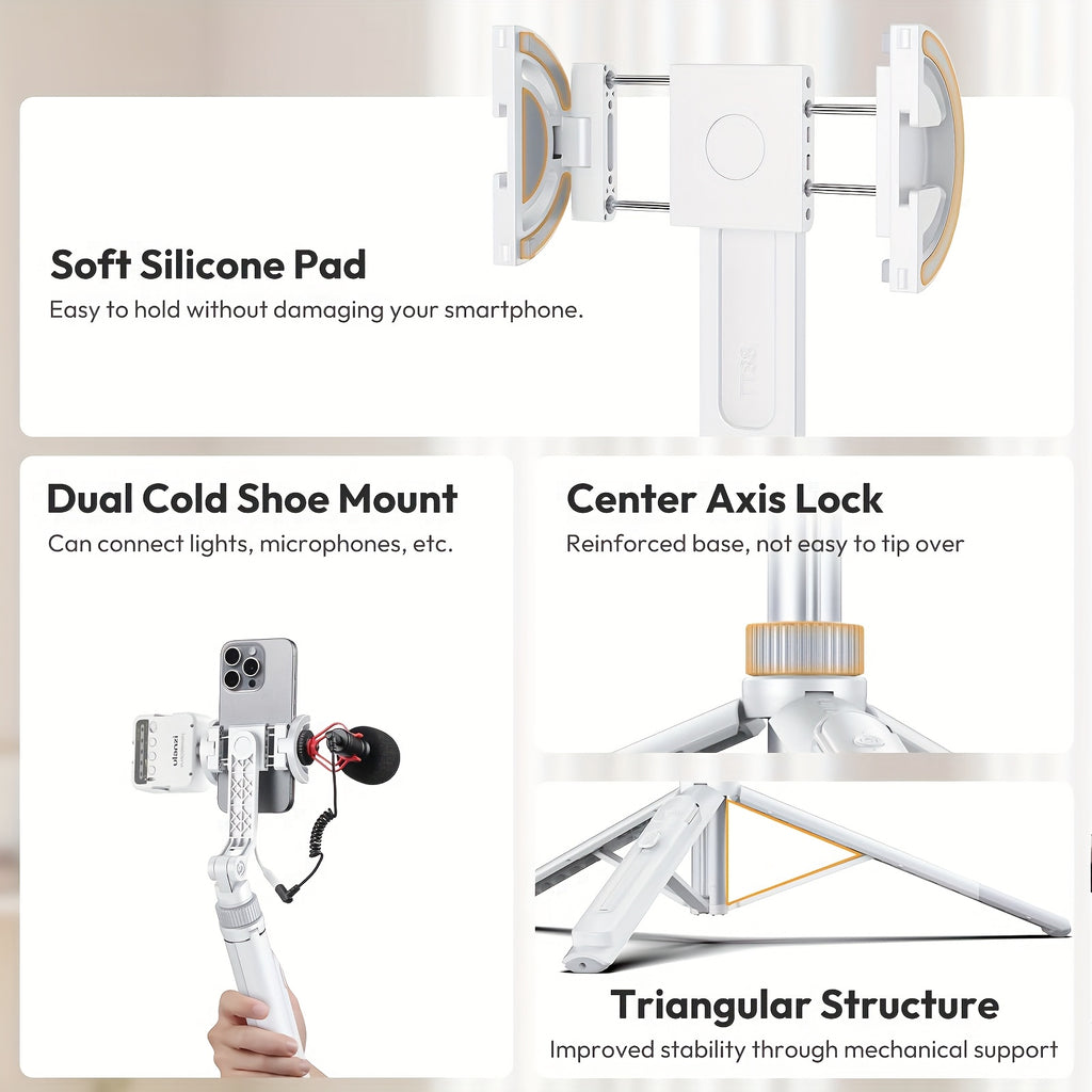 ULANZI TT88 Extendable Phone Tripod, 57" Magnetic Selfie Stick Stand with 2-in-1 Phone Clip, 2 Cold Shoe Mount Lightweight Travel Tripod Compatible with iPhone, for Vlogging Video Recording Mobile Photography, Portable Phone Holder, Vlogging