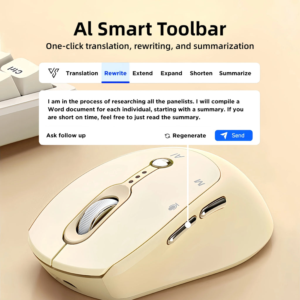 AI Smart Wireless Mouse - Includes AI Office Features at No Extra Cost, Voice-To-Text & Real-Time Translation, AI Writing & PPT Creation, Silent BT+2.4G Dual Mode, Rechargeable with Battery Display, Portable for PC, Laptop & Tablet