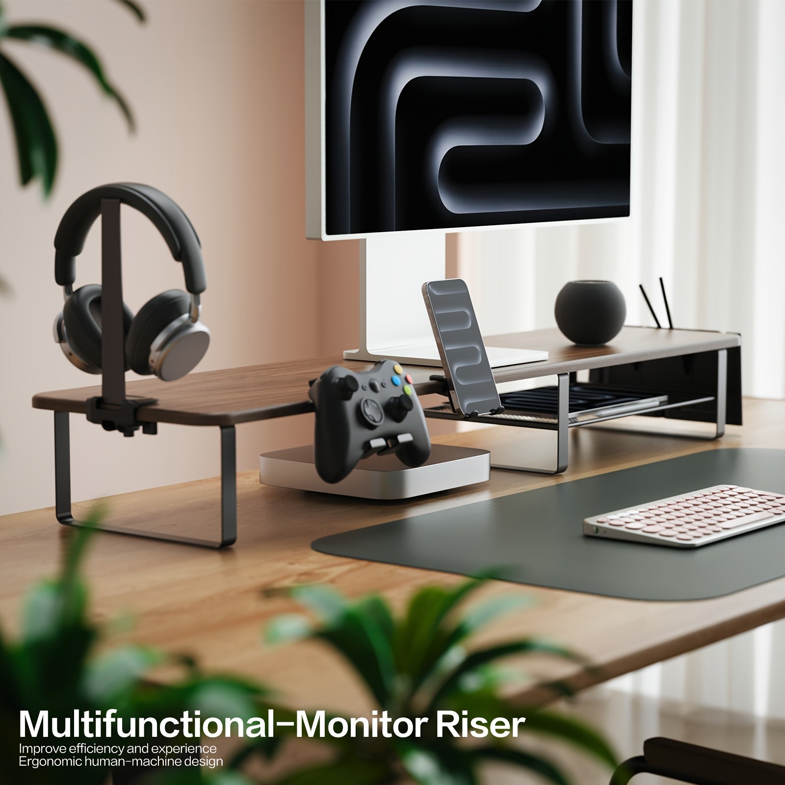[Monitor Stand Organizer] A Versatile Monitor Stand That Includes a Headset Holder, a Stand for Phones And Tablets, And a Game Controller Holder, Designed to Organize Your Desktop for Computer Monitors, Laptops, Gaming, And Office Use
