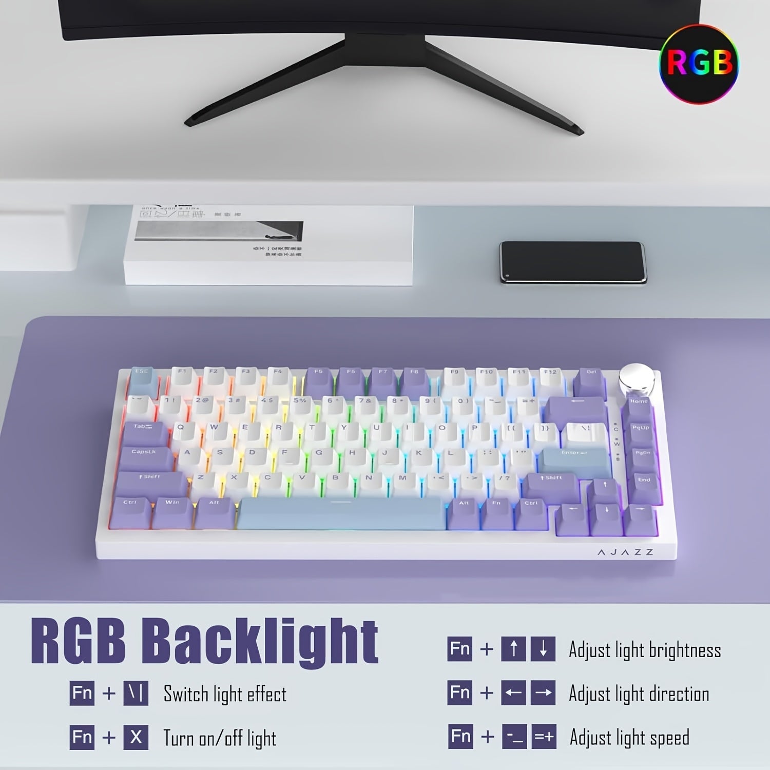 AJAZZ AK820/AK820MAX PLUS 75% (Wired/2.4wireless) RGB Gasket Mechanical Keyboard With Volume Knob, South Facing LED, Poron Foam, PBT Keycaps, Programmable Hot-Swap Keyboard