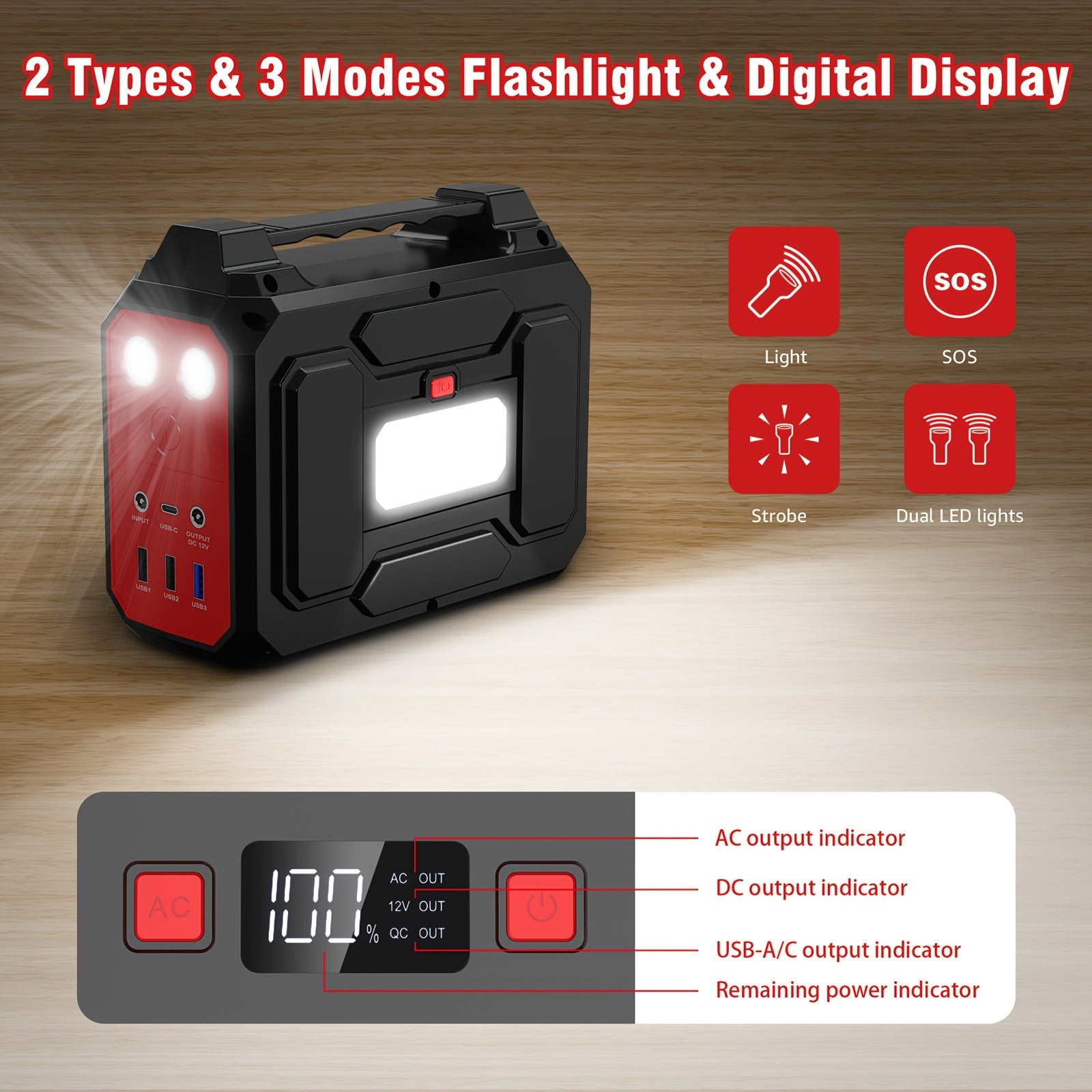 [Portable Power Station] 300W/150W/100W Portable Power Station Solar Generator - Compact Lithium-Ion Battery Charger with AC Outlet, DC & USB Outputs, LED Flashlight, Built-in Cooling Vents for Camping, RV, Emergency Home Use, Festivals - Portable Charger